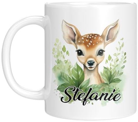 TassenTicker - Personalisierte Kindertasse mit Namen - mit Tieren - für Jungen & Mädchen - Tasse - Geschenk - Geburtstagsgeschenk - Namensgeschenke - Keramik - 330 ML (Reh)