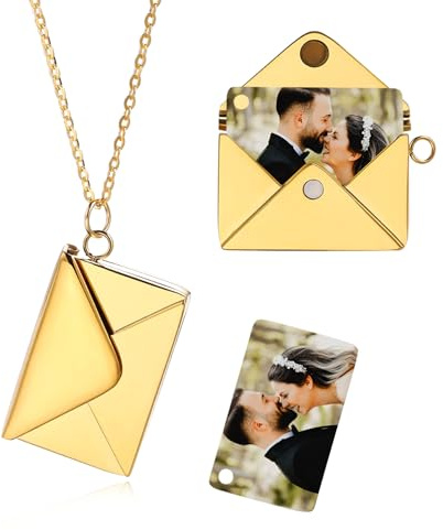 MeMeDIY Collana con Medaglione Personalizzato Collane di Lettere D'amore a Busta Medaglione a Cuore/Collana con Medaglione con ali d'angelo con Foto per Donna -A2 Foto
