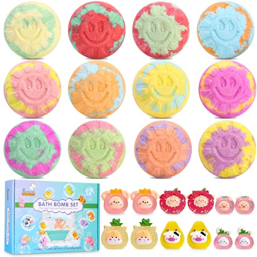 12 Stück Badebomben Kinder, Badekugeln mit Überraschung Spielzeug im Inneren, Duschbomben mit Ätherischem Öl, 12 luxuriöse Düfte, Schaumbad Kinders Idee Geschenk für Kleinkinder