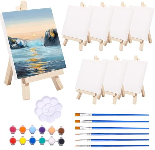 QILUCKY 8 Pack Mini Canvas and Easel Set, Adjustable Wooden Tabletop Display easels with Paint Brushes, Paint Palette, Mini Frame setfor DIY Painting Activities, Home Decor