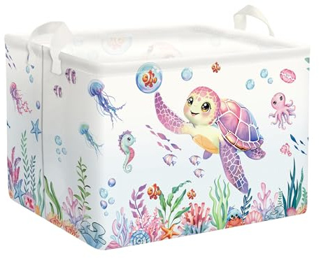 HUUMONSS Grand Paniers à Linge Animaux Marins pour Garçon Fille Repliable Panier Rangement Jouets Vêtements pour Salle de Bain Chambre à Coucher, Tortue Marine, 36L