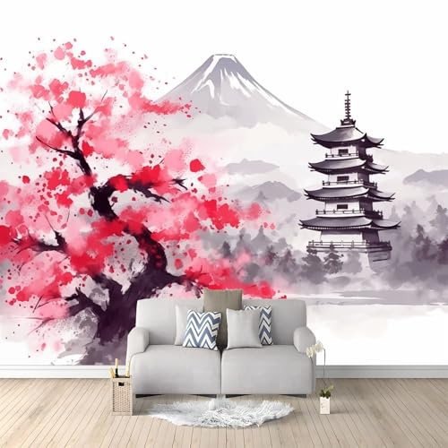 Papel Pintado Efecto 3D, Blanco Papel Pintado FotografíA Mural con Japonés Flor De Cerezo Templo Motivo, 200 x 140 cm Moderna Murales Decoración para SalóN Dormitorio Oficina
