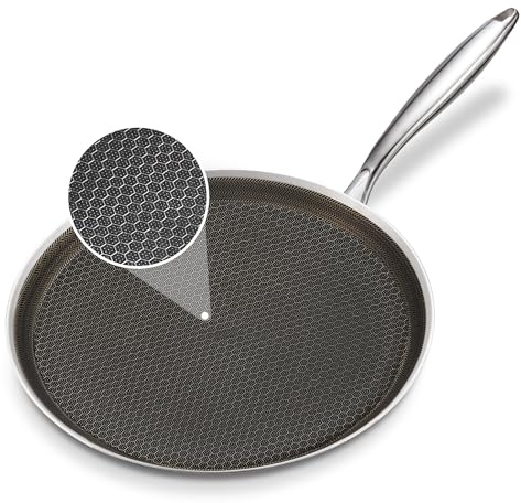 KOKHUB Stainless Steel Crepe Pan 28cm, Non Stick Honeycomb Pancake Pan, Dosa Tawa for Induction Hob, Electric and Gas, Flat Skillet Frying Pan, Chapati Pan, Roti Tawa, Black