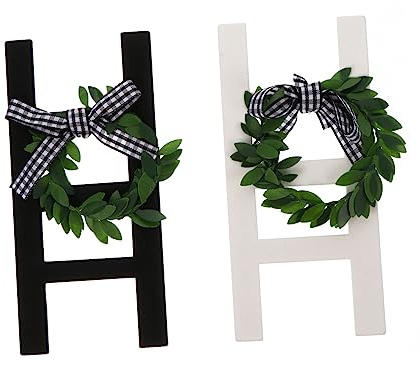 HEALLILY 2 escaleras de madera rústicas para decoración de pared con guirnalda de fotos para decoración de interiores, marcos de adorno de bandeja escalonada vintage en blanco y negro, regalo de