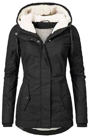 Abrigo Anorak Mujer Invierno Con Capucha Y Cuello De Falso Piel, Chaqueta Acolchada Manga Larga, Longitud Media (Negro,S)