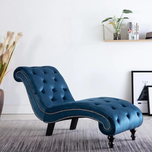 Bendmaxx Chaiselongue blå sammet recamiere liggsoffa med knappstoppning 145 x 52 x 77 cm, ergonomiskt armstöd och ryggstöd, avslappningsstol för vardagsrum sovrum gästrum