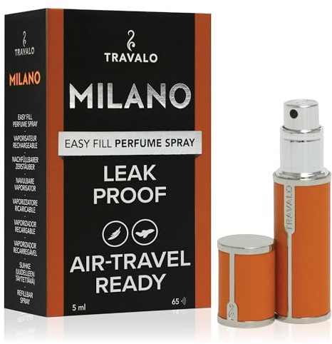 Travalo Milano Perfume Atomizer - Leak-Proof and TSA Approved for Air Travel - Reusable, Airtight, Easy Fill Mini Pump Sprayer - Lightweight, Vegan Leather with Polished Metal Outer Shell - Orange