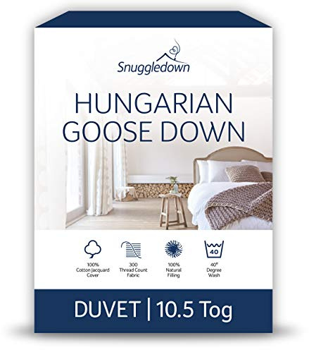 Snuggledown Hungarian Goose Down Duvet Single 10.5 Tog - All-Year Round Quilt with Ethically Sourced 80:20 Blend | UK-Made, 300tc Cotton Cover, Box Stitch, Washable (135 × 200cm)