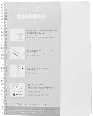 Rhodia 193001C - Spiral Notebook (Full Bound) White Notebook - A4+ - Small Squares - 160 Detachable Pages - White Clairefontaine Paper 80 g/m - Soft and Resistant Cover - Classic