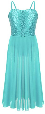 YiZYiF Kids Big Girls' Sequins Spaghetti Strap Modern Lyrical Dance Leotard Dresses with Long Spirit Tulle Overlay Camisole Turquoise 5-6 Years