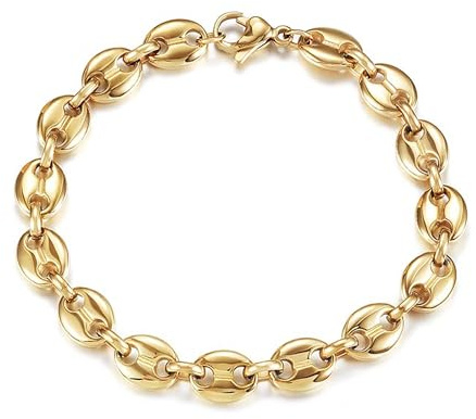 CIUNOFOR 14K Gold Filled Coffee Bean Bracelets for Women, Link Chain Classic Charm Puff Mariner Bracelet, Coffee Bean Jewelry for Adults, Comfort fit for 6.5”–7.5” wrists, Gift for Her