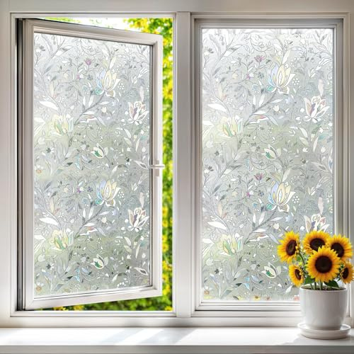 Qualsen Stained Glass Window Films Rainbow Window Film Privacy Film for Glass Windows 3D Tulip Pattern Self Adhesive Static Cling Decorative Anti UV Windows Vinyl for Home 60 x 200 cm