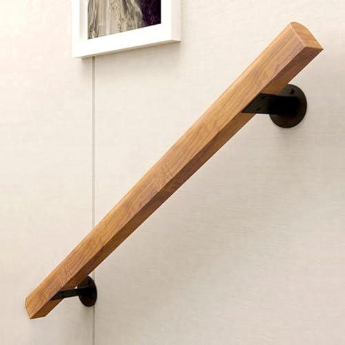 LQSYBHD Pasamanos De Madera, con Soportes Metálicos - Kit Completo, Barandilla Escalera de Madera Natural, Antideslizantes, Semicirculares,Barandilla de Pared Seguridad para Personas (Size:2ft/60cm)