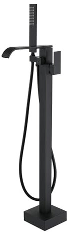 Grifo Bañera Negro Independiente Giratorio 360°, Montaje En Suelo Con Ducha De Mano Para Bañera, Bañera Independiente (Black-A)