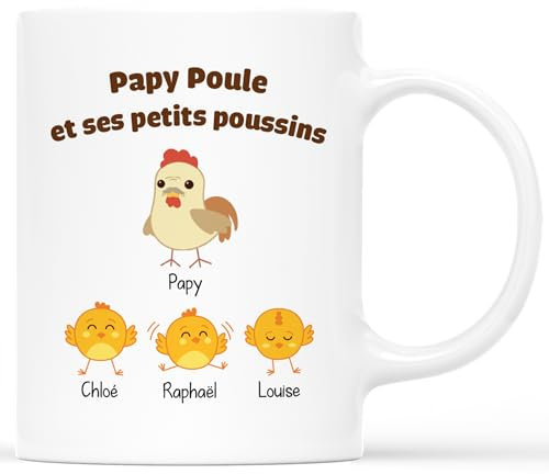 Cadeau Plus 𝗖𝗔𝗗𝗘𝗔𝗨 𝗣𝗟𝗨𝗦 Mug Personnalisé Prénom - Papi Poule Et Ses Petits Poussins - Idée Originale Humour Personnalisé Anniversaire Fête des Grands Pères Noël, Tasse Papy Poule
