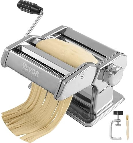 VEVOR Máquina de Pasta Manual de Acero Inoxidable Máquina de Pasta Italiana Fresca 9 Espesores 0,3-3 mm Ancho 1,5/6,6 mm Cepillo y Mango Incluidos para Empaquetar Espaguetis, Albóndigas y Raviolis