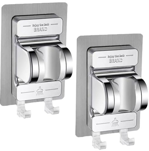 Snowtain 2 Pezzi Supporto per doccetta senza foratura,Supporto Doccia Adesivo con Gancio,Supporto Soffione Doccia Regolabile ad Angolo Staffa Supporto Doccia Regolabile con Angolo Adesivo.(argento)