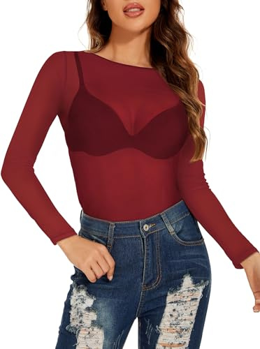 Florynova - Blusa de malla transparente para mujer, de manga larga, elástica, ajustada, rojo vino, S