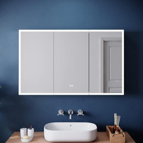ELEGANT Large Bathroom Wall Mounted Cabinet with Mirror, Bluetooth Speaker, Shaver Socket, Dimming, Slow Close Design, Stainless Steel, 1050 x 650mm