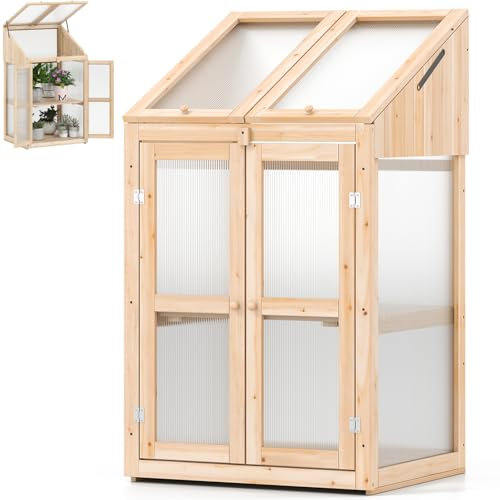 GiantexUK Mini Wooden Greenhouse, Polycarbonate Garden Cold Frame with Removable Shelves, 2 Doors and Openable Skylight, Portable Outdoor Vegetable Flower Plant Growhouse (Natural, 69x58x121cm)