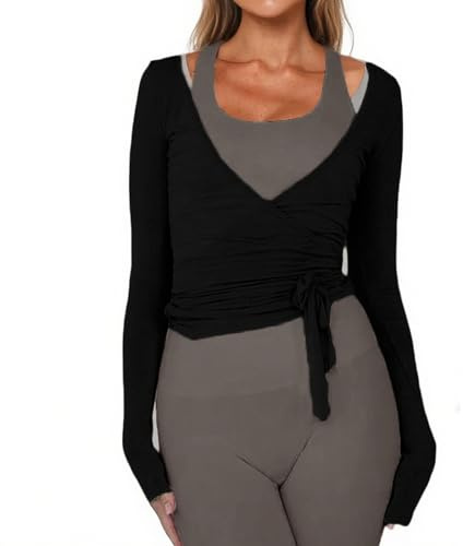 Women Ballet Wrap Top Long Sleeve Self Tie Dance Shirt Pilates Yoga Tops Y2k Workout Active Blouses (US, Alpha, Medium, Regular, Regular, Black)