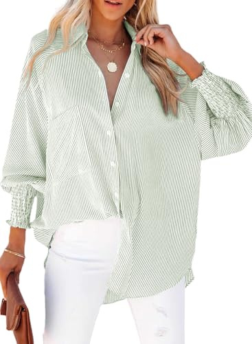 Chicrise Camicia da Donna a Righe, a Maniche Lunghe, Oversize, Leggera, con Tasca, Basic Casual, Verde Chiaro, 3XL