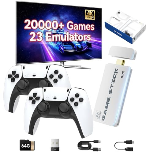 Console rétro hdmi 4k Jeux Classiques Stick TV sans Fil emulateur 64go Cadeau Noel Enfants Adultes Manette 2 Joueurs Console familiale Mini Console Jeu Vintage Plug and Play projecteur Ordinateur