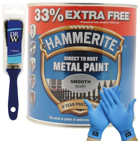 DRW Hammerite Direct to Rust Smooth Metal Paint 750ml + 33% Extra Free (1L) | Smooth Silver 1 Brush & Free Nitrile Gloves | Durable Anti-Rust Protection for Indoor & Outdoor