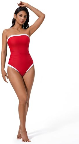 SUUKSESS Women One Piece Tummy Control Swimsuit Strapless Bandeau Bathing Suit Red