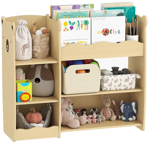 AIYAPLAY Scaffale Portagiochi per Bambini 3-8 Anni con Ripiani Aperti e Scomparti, Mobile per Bambini in MDF, 92x29x79 cm, color Legno