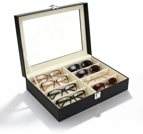 Organizador de gafas de sol, caja de almacenamiento de gafas, 8 compartimentos, caja de terciopelo con tapa transparente, bandeja para joyas, reloj y joyas, estuche apilable para familia y negocios