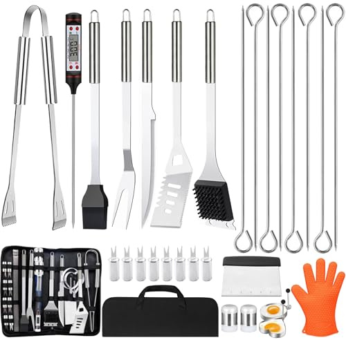 Utensilios Barbacoa, Set Accesorios de 30 Piezas, Kit Profesional, Acero Inoxidable, Regalos Hombre, con Maletín Incluido para Parrilladas Premium