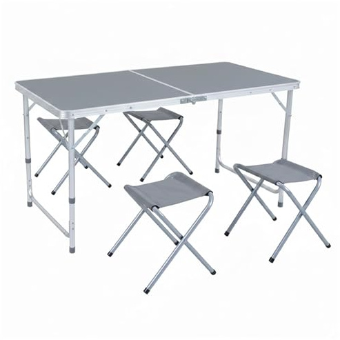 Baroni Home Tavolo Pieghevole da Campeggio con 4 Sedie Richiudibili, Tavolino Portatile in Alluminio con Piano in MDF, Leggero, Ideale per Campeggio, Spiaggia, Picnic e Outdoor, Tavolo Grigio 120 cm
