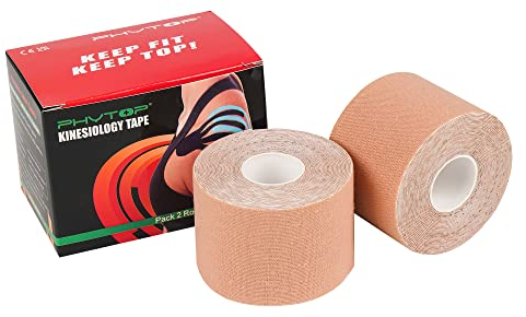 PHYTOP Tape Kinesiologico Beige (2 rotoli) per sport e atleti, trans tape non pre-tagliato per Fisioterapiche