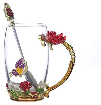 Guon-Wuvl Handicraft Crystal Glass 3D Flower Cups Tea Mug With Tea Spoon Women Coffee, Tea, Juice, Beer, Milk Hot And Cold Drinks Use Gift Package. (Red Rose-Tal)