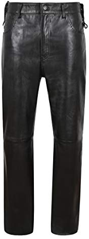 Men Leather Pants Waist Side Laced Black Gothic Real Leather Biker Jean Pant 515 (32)