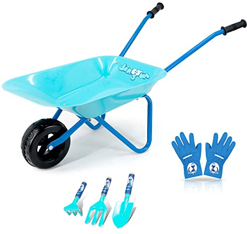 Colwelt Kids Wheelbarrow 5Pcs, Steel Wheelbarrow for Kids with Kids Gardening Tools and Gloves(Blue), Gardening Tools for Kids