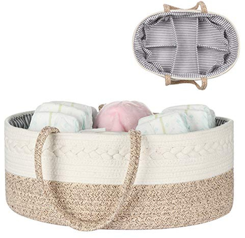 maxgoods Baby Diaper Caddy Organizer -100% Cotton Baby Basket Bin with Removable Divider -Portable Tote Bag Storage Basket for Boy & Girl Nursery Organization (White & Yellow Variegated)