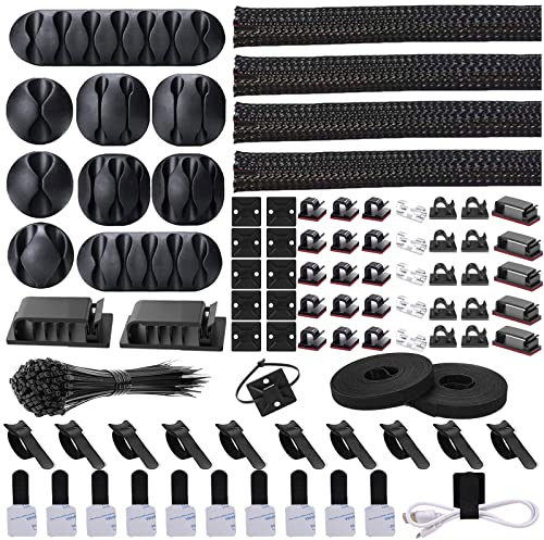 N NOROCME Kabelmanagement-Organizer-Set, 4 Kabelhülsen mit 41 selbstklebenden Clips, 10 Stück und 2 Rollen, 100 Befestigungsbinder für TV, Büro, Auto, Schreibtisch, Zuhause, schwarz