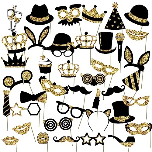 40Pcs Prom Selfie Props, Birthday Party Photo Props, Black And Gold Photo Props For Adults Kids Wedding Party