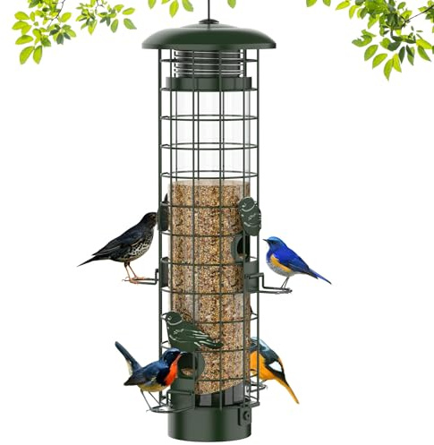 Squirrel Proof Bird Feeder,Metal Mesh Bird Feeders for Outdoors Hanging,Gravity Protection Squirrel Proof Wild Bird Feeders with Finch Cardinal Chickadee,3LB Large Capacity,Green