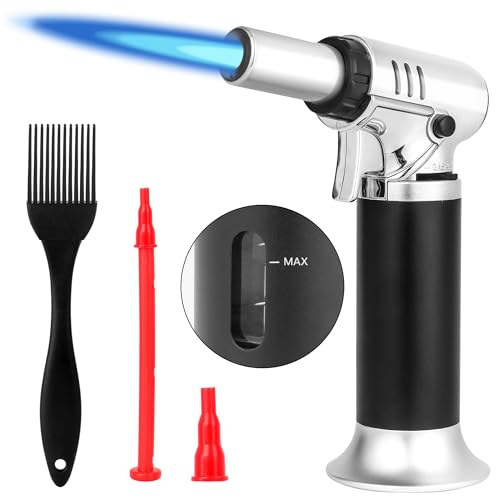 Kochbrenner - Küchenfackel für Creme Brulee, con pennello per olio, dessert e accenditore per bruciare, bruciatore flambante con blocco e fiamma regolabile (gas butano non incluso) (grigio argento)