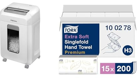 Fellowes Aktenvernichter 12Ms & Tork extra weiche Zickzack Papierhandtücher Premium 100278 - H3 Falthandtücher für Zickzack Papierhandtuchspender - besonders saugfähig, 2-lagig, weiß - 15 x 200 Tücher