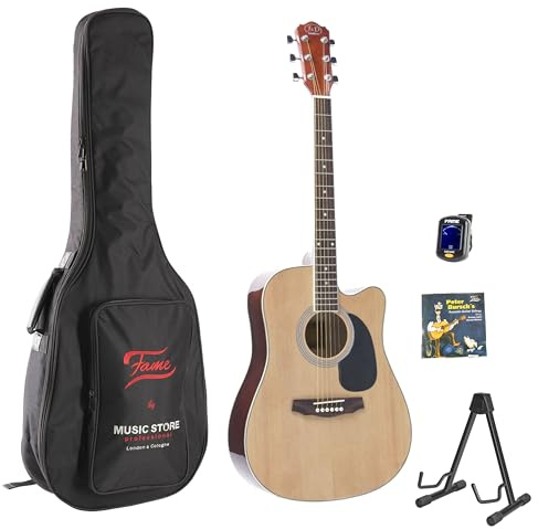 J & D D-60 Cutaway NT Dreadnought Westerngitarren-Set, Fichtendecke, X-Bracing, Mahagonihals, Composite-Griffbrett, Multi-Ply Binding, Chrom-Hardware, inklusive Saiten, Ständer, Gigbag, Stimmgerät