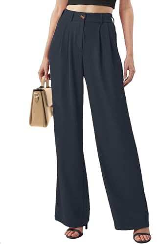 CheChury Pantaloni da Donna a Vita Alta Casual Con Tasche Gamba Larga Lunghi Eleganti da Ufficio Sciolto Gamba Dritta Comodi Leggeri Business