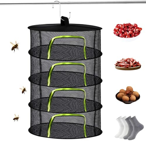 Baieye Red de Secado de Hierbas,4 Capas Red Seca de Malla para Colgar,Diámetro 60cm,Plegable con Cremallera Fluorescente,Red de Malla para Secar Plantas,Carne,Pez,Flores