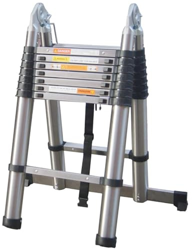 5m verdickte Teleskopleiter 16.5ft ausziehbare Leiter, die A-Rahmen Leiter Anti Rutsch mit Stabilisator Bar Edelstahl Leiter (2.5M+2.5M), stärker als Aluminiumleiter