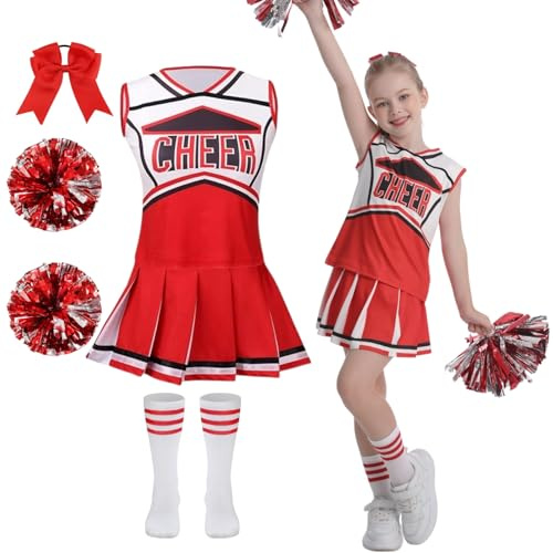 maxToonrain Girls Cheerleader Costume 5 PCS Classic Style Kids Cheerleader Outfit with Pull Ring Pom Poms, Top, Skirt, Socks and Headband for 2026 World Book Day Halloween School Events(Red, 12-14Y)