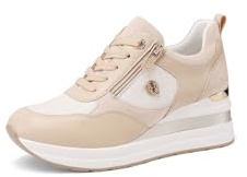 QUEEN HELENA Chaussures de Sport Hautes Sneakers avec Talon Compensé Femme Décontractées X32-23, beige, 39 EU