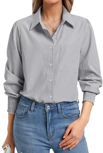 Enmain Camicia Donna Manica Lunga Elegante Grigio Camicia a Righe Donna con Bottoni Camicie in Cotone Lavoro con Tasche Ufficio Scollo a V, M
